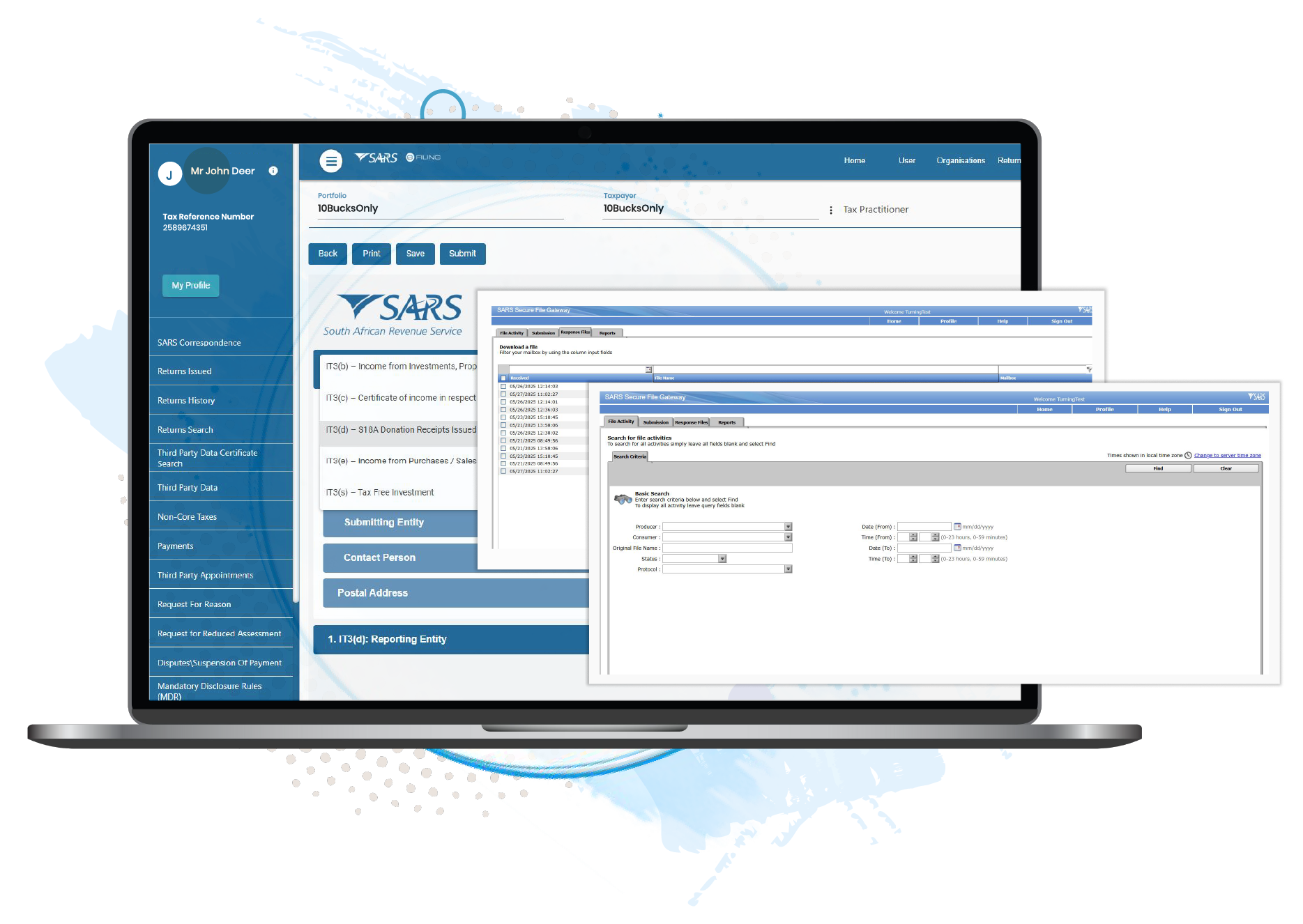 SARS IT3(d) submission screens displayed on a laptop for compliance filing and reporting