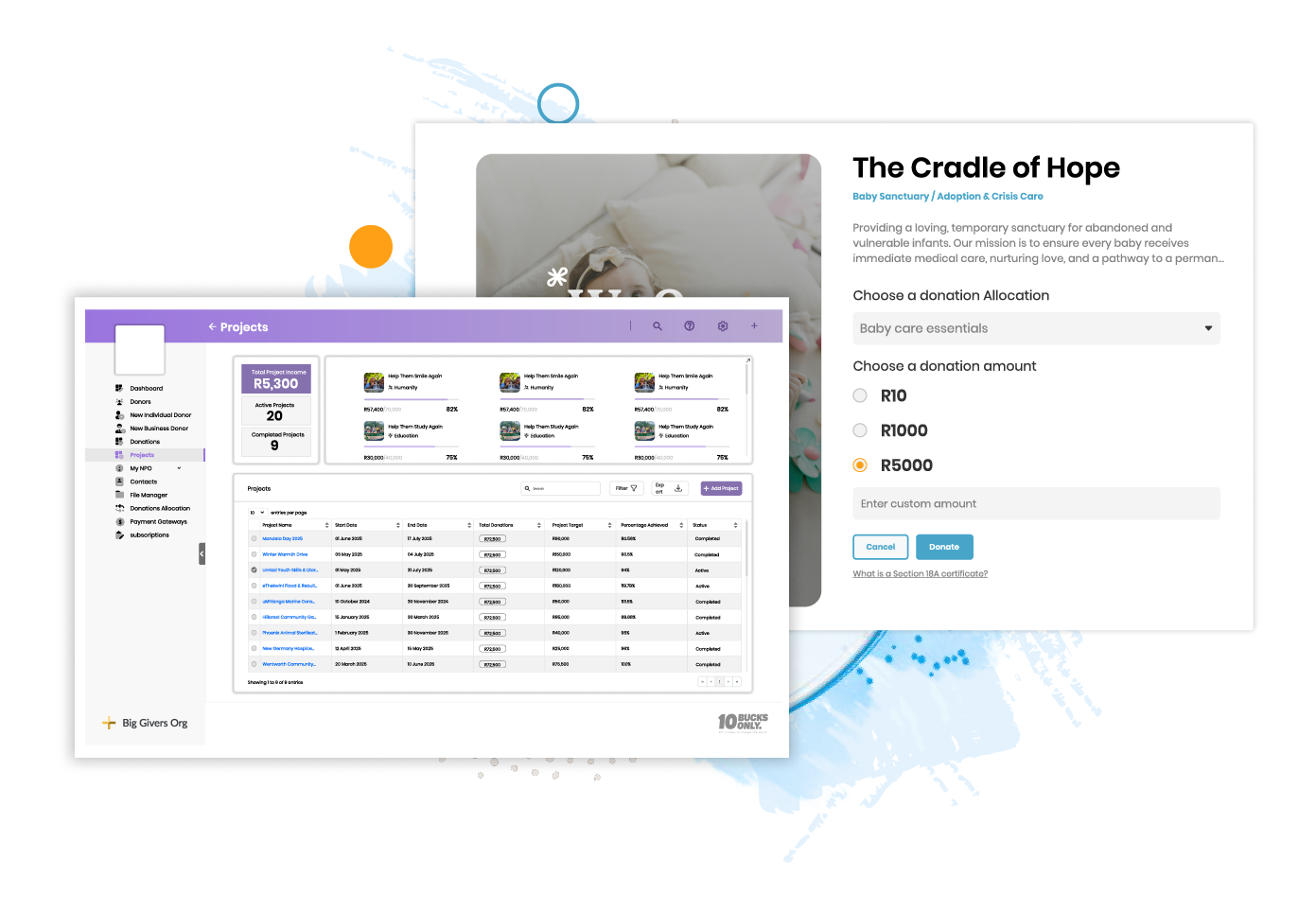 Campaign and project donation page interface with donation amount options and project list